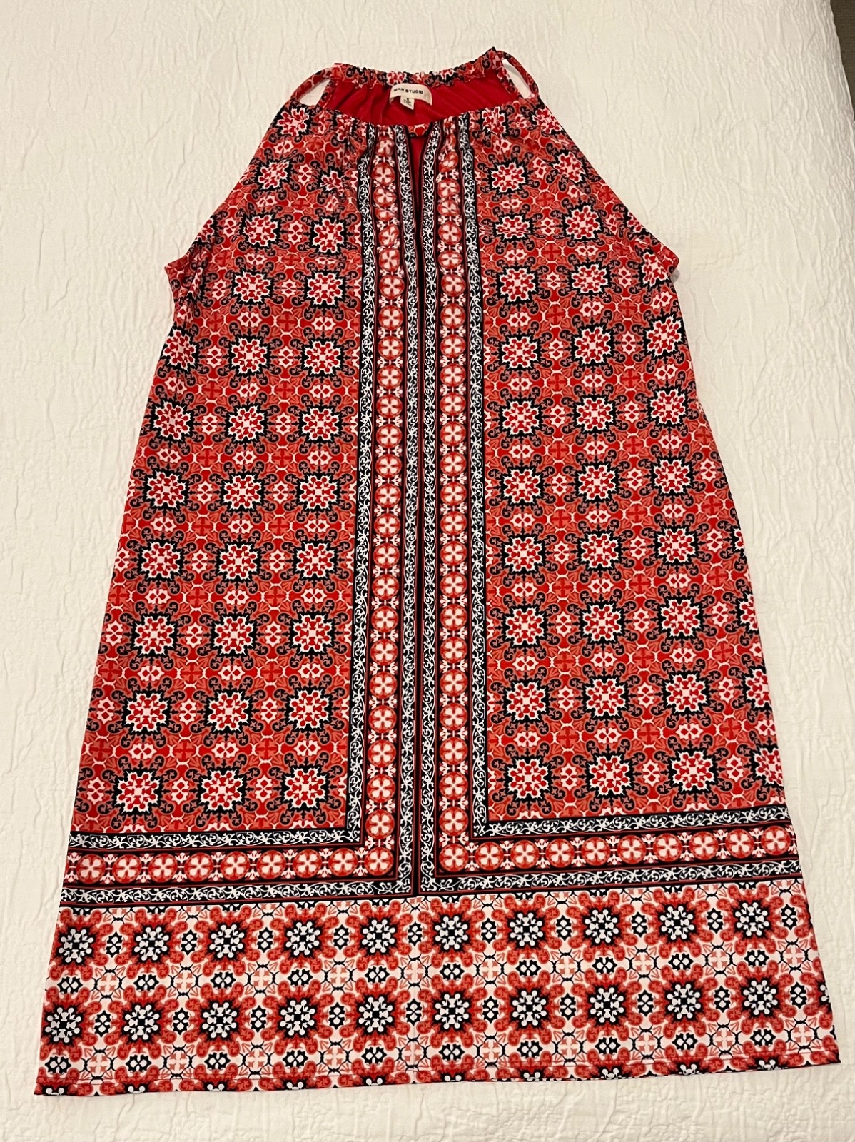 Max Studio Halter Dress Size Small Red White Blue Print Built In Bra Keyhole