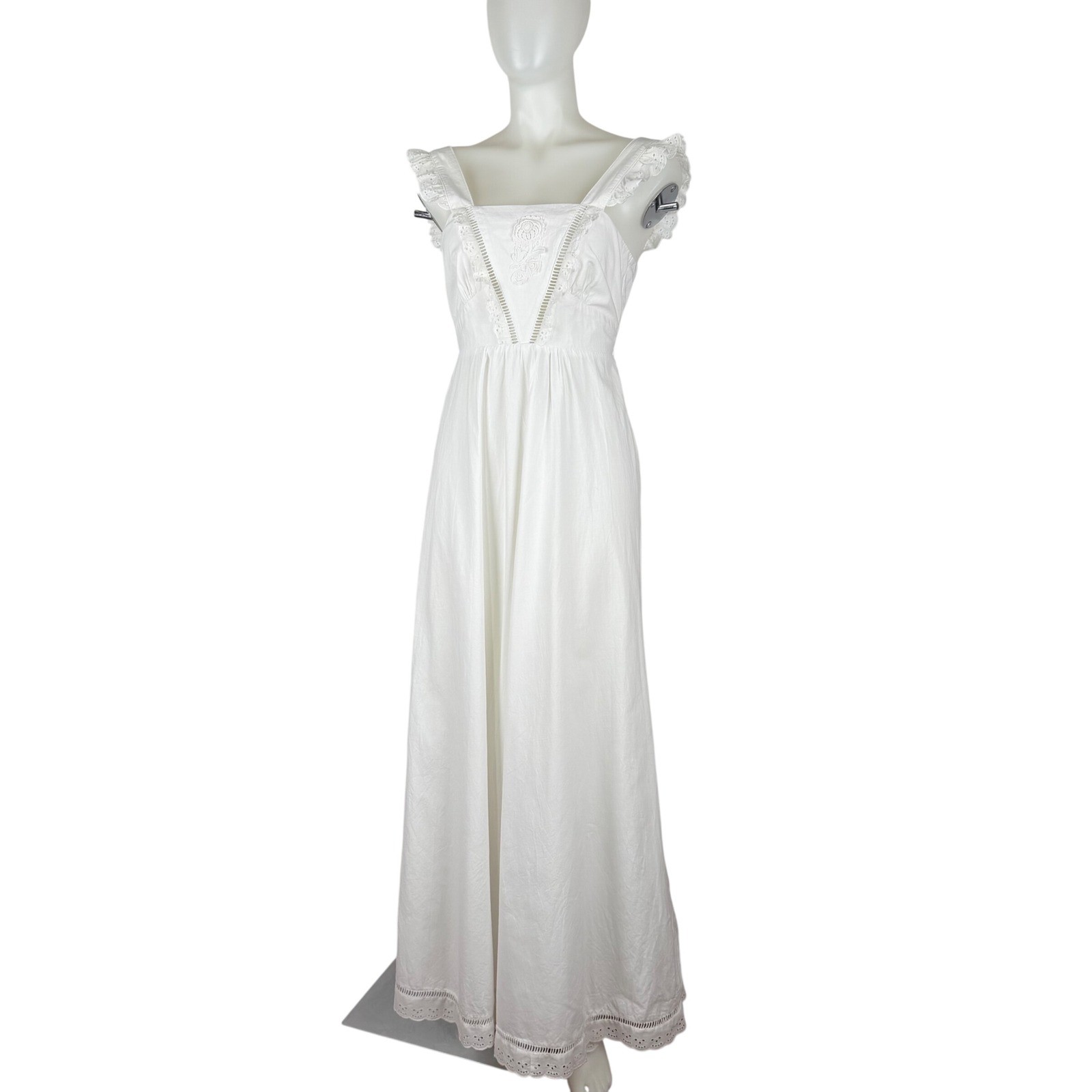 Vintage White Cotton Eyelet Lace Maxi Dress Embroidery V-Back Summer Boho XS