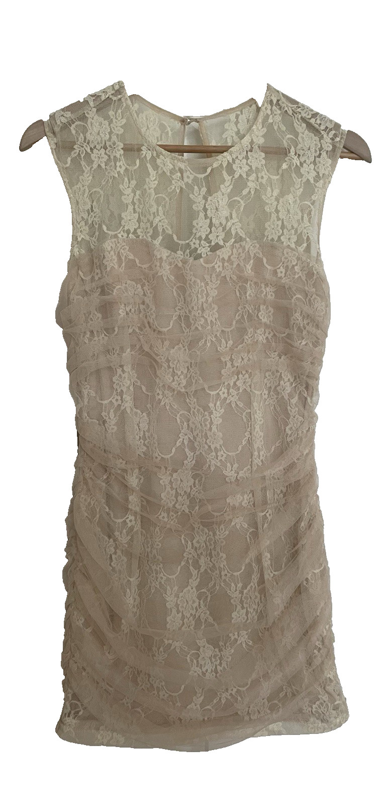 En Creme Nude Lace Illusion Ruched Sleeveless Mesh Cream Ivory Mini Dress Sz S