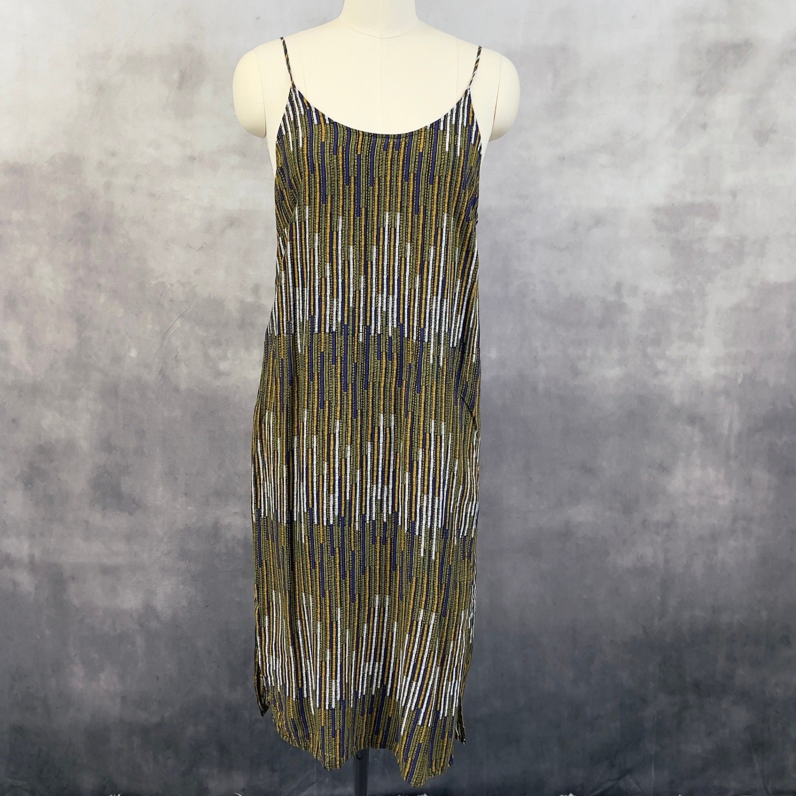 HM Geometric Print Slip Dress Womens 12 Side Slits Resort Eclectic Indie Moderin