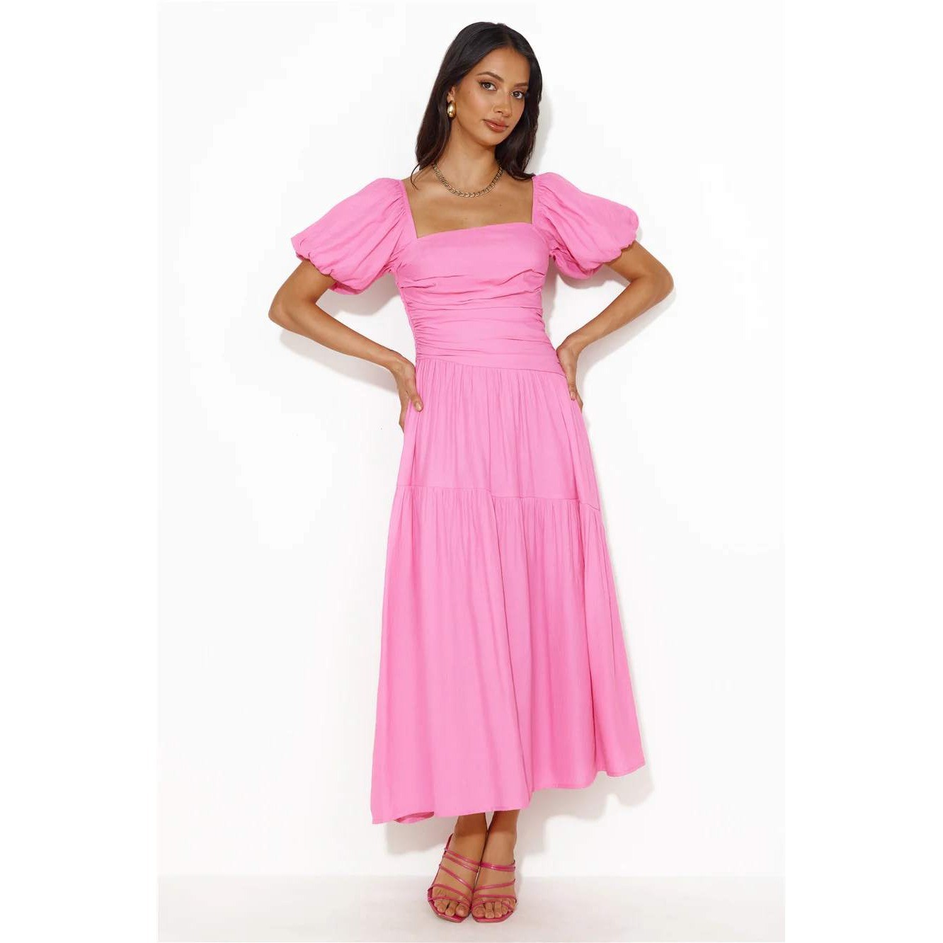 Hello Molly She’s Your Girl Midi Dress Womens 8 Pink Puff Sleeve Ruched Tiered