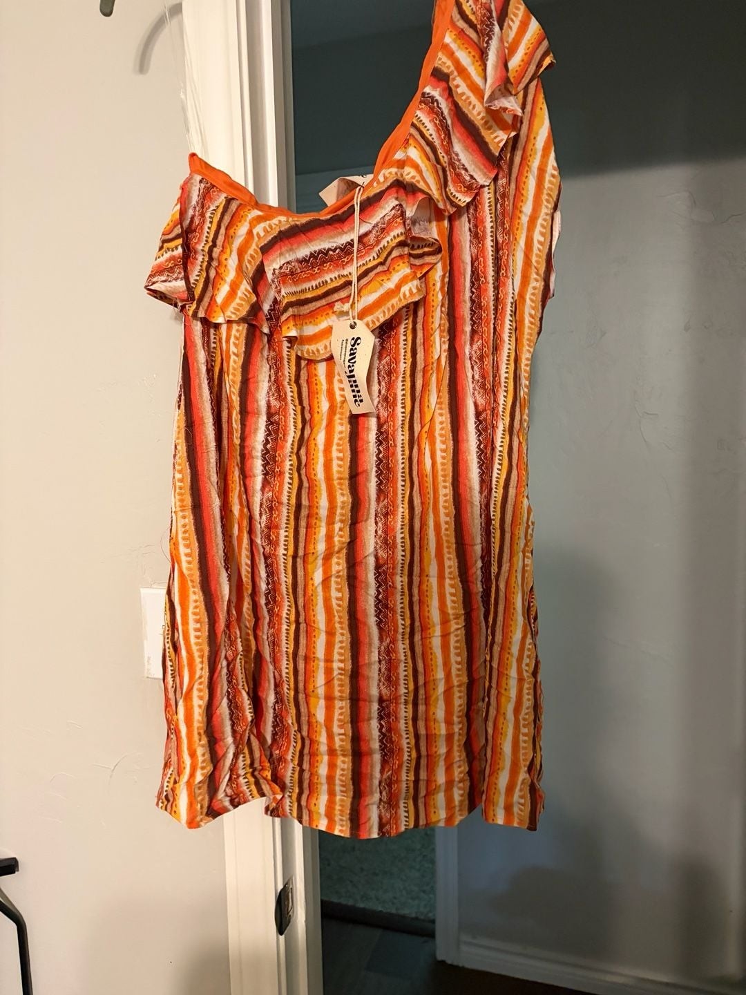 Savanna Jane Orange Striped One-Shoulder Ruffle Dress