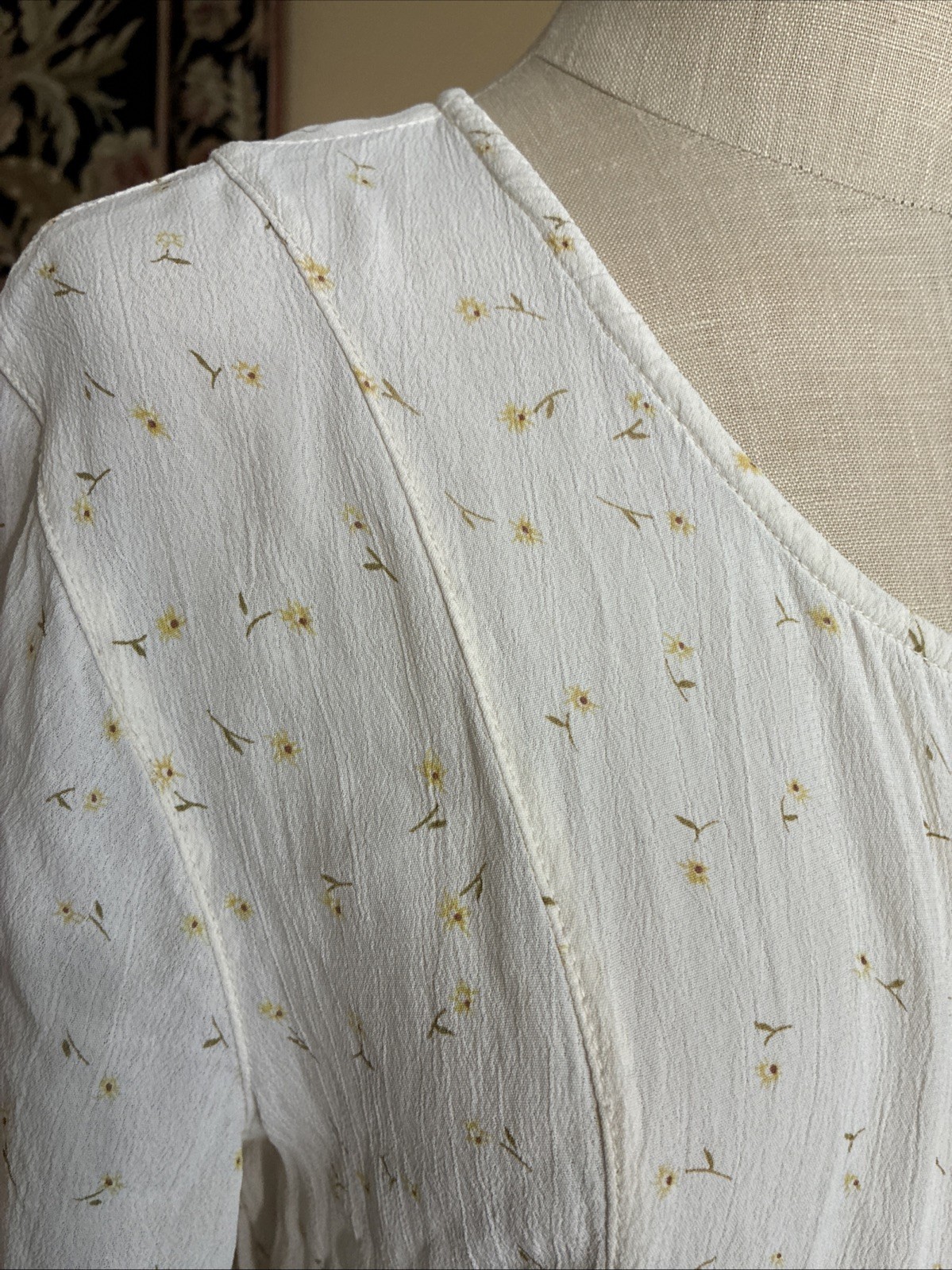 Sacred Threads Maxi Dress Boho Cottage 70s Hippie White Tiny Yellow Daisies