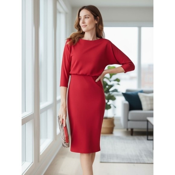 J.McLaughlin Tinley sheath dress classic red dolman sleeve stretch holiday party