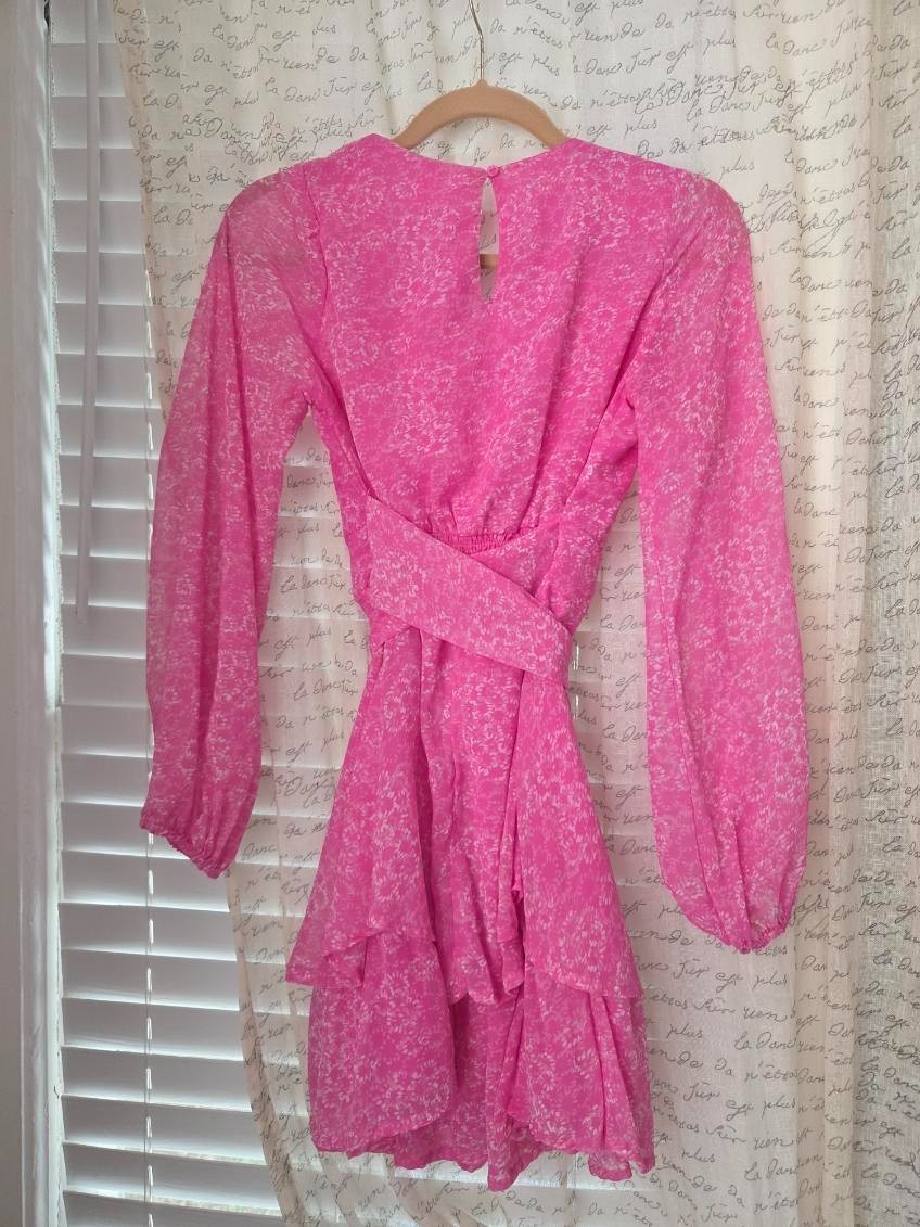 Japna: Long Sleeve Ruffled Short Dress in Chiffon Pink and White Floral Medium