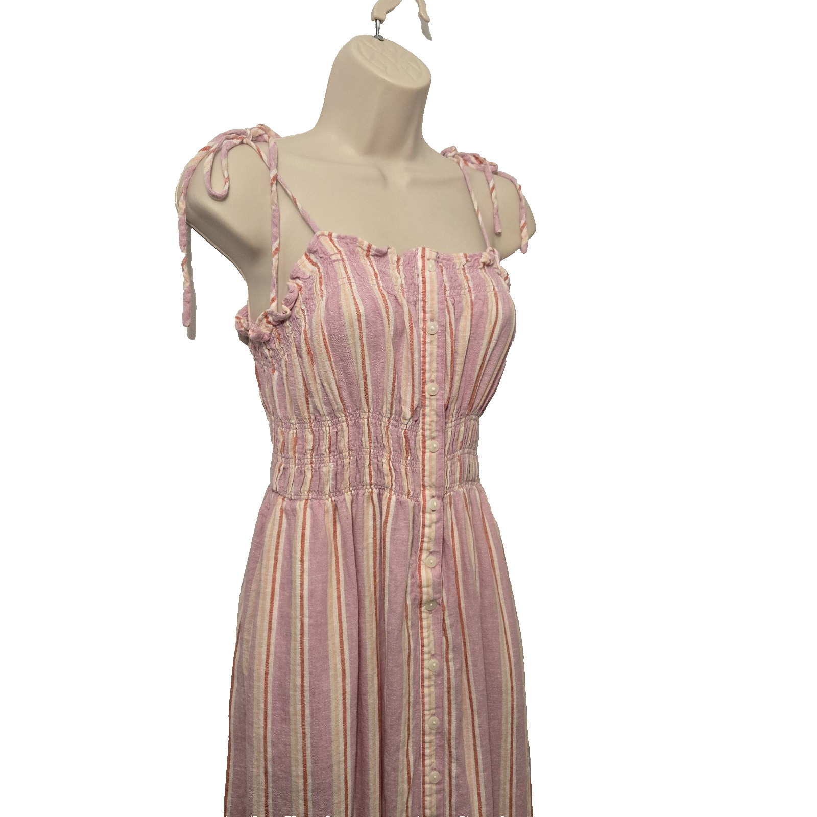 Pink Striped Smocked Linen Blend Midi Dress Tie Shoulder Button Summer Beach S