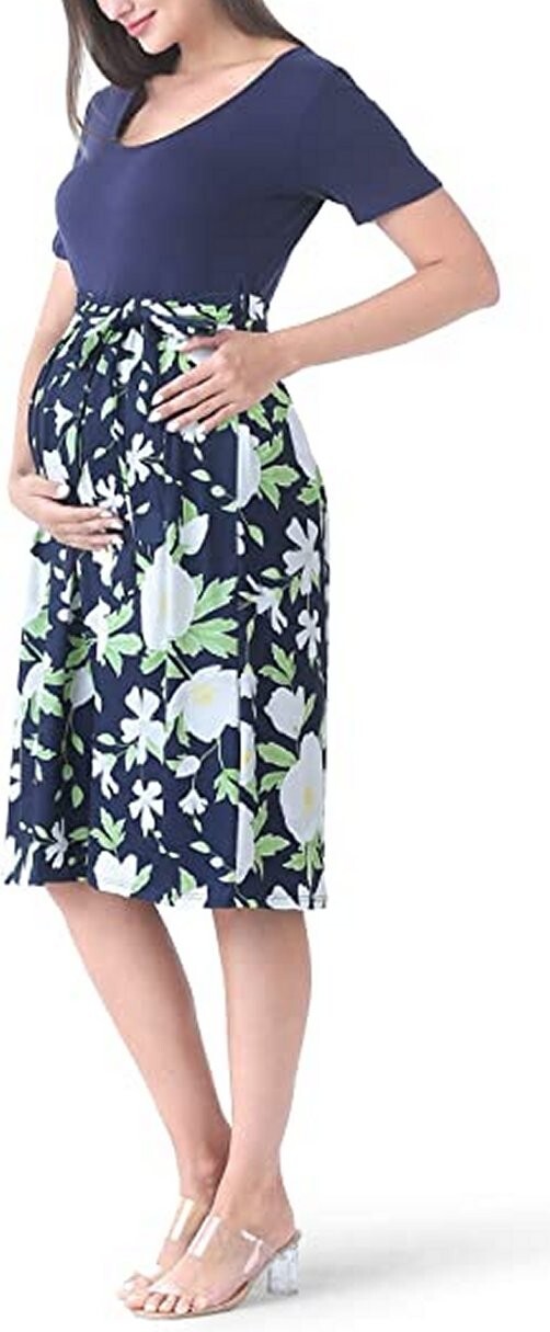 Motherhood Maternity Navy Blue Flower Daisy Casual Swing Dress with Belt S L XL
