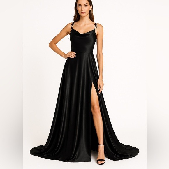 Black Satin Spaghetti Strap Evening Gown Long Dress w/ Slit Trailing Hem Size S