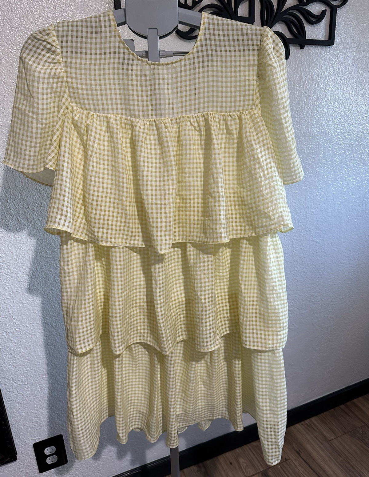 English Factory Yellow/White Gingham Tiered Ruffle Midi Dress Size M