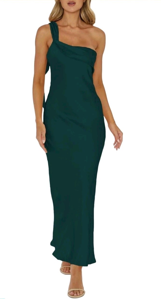 MOYNOTE Women One Shoulder Satin Midi Dress Forest Green Draped Cowl Neck Size S