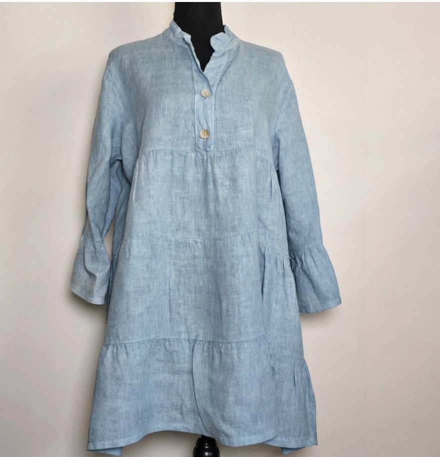 Meo Meli Women’s Linen Tiered Tunic Dress Light Blue Made in Italy lagenlook