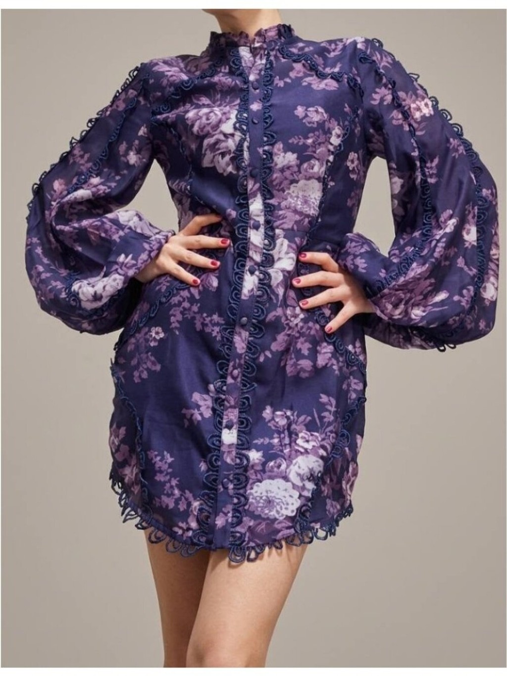 ✨AASOS DESIGN High Neck Long Sleeve Mini Dress – Dark Floral Multi – Size 12 – N