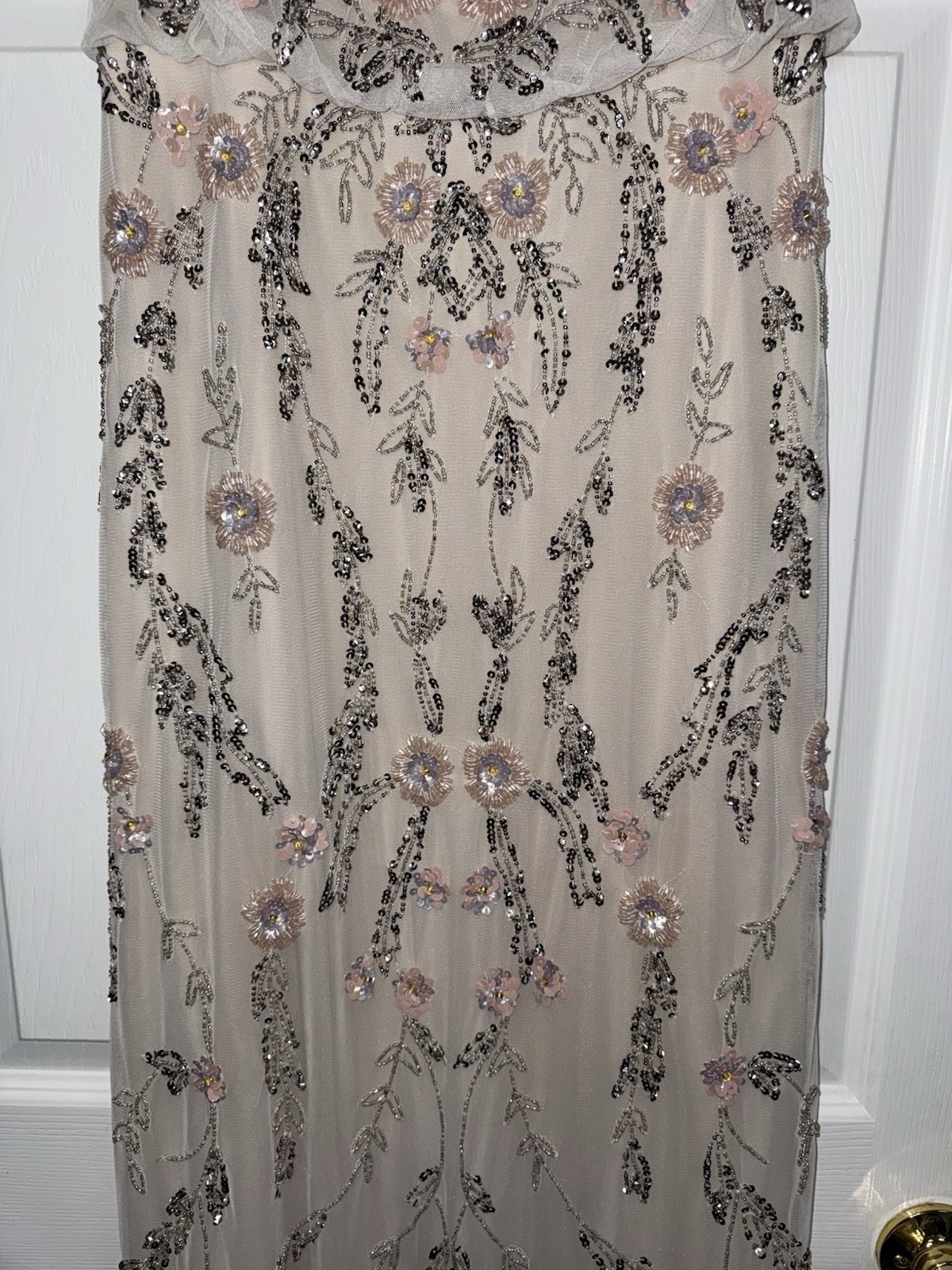 ADRIANNA PAPELL Ivory Pink Silver Embellished Beaded Floral Mesh Blouson Gown 6