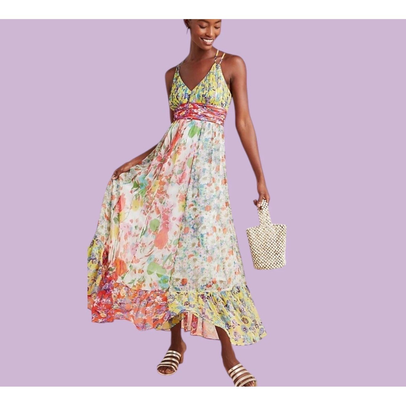 Anthropologie Floral Patchwork Maxi Dress Multi Color Boho Tiered V-Neck 6
