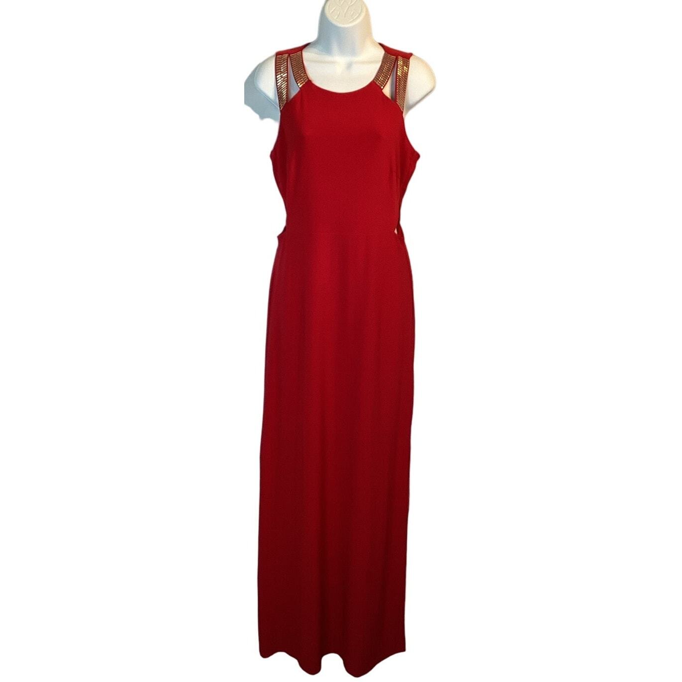 Guess Stretch Sleeveless Long Formal Evening Gown Red with Gold Stud Accents 8