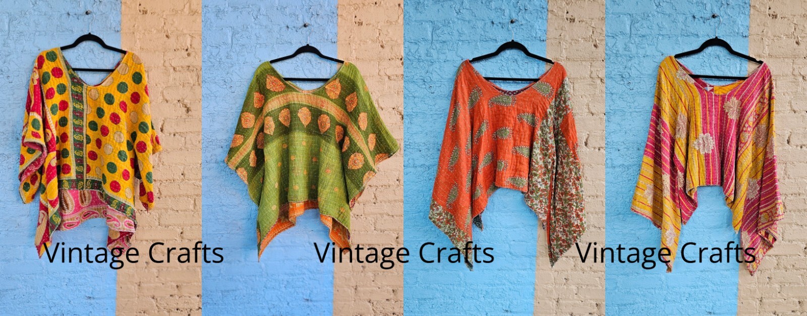 10 Pcs Indian Handmade Kantha Kaftan Bell Sleeve Tops Women’s Boho Hippie Style