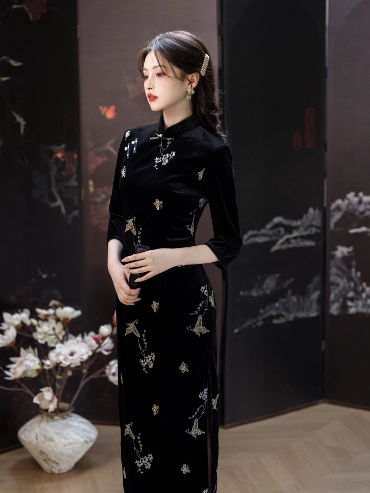 New Chinese-Style Qipao Long Sleeve Black Velvet Dress Elegant Slim-Fit Formal