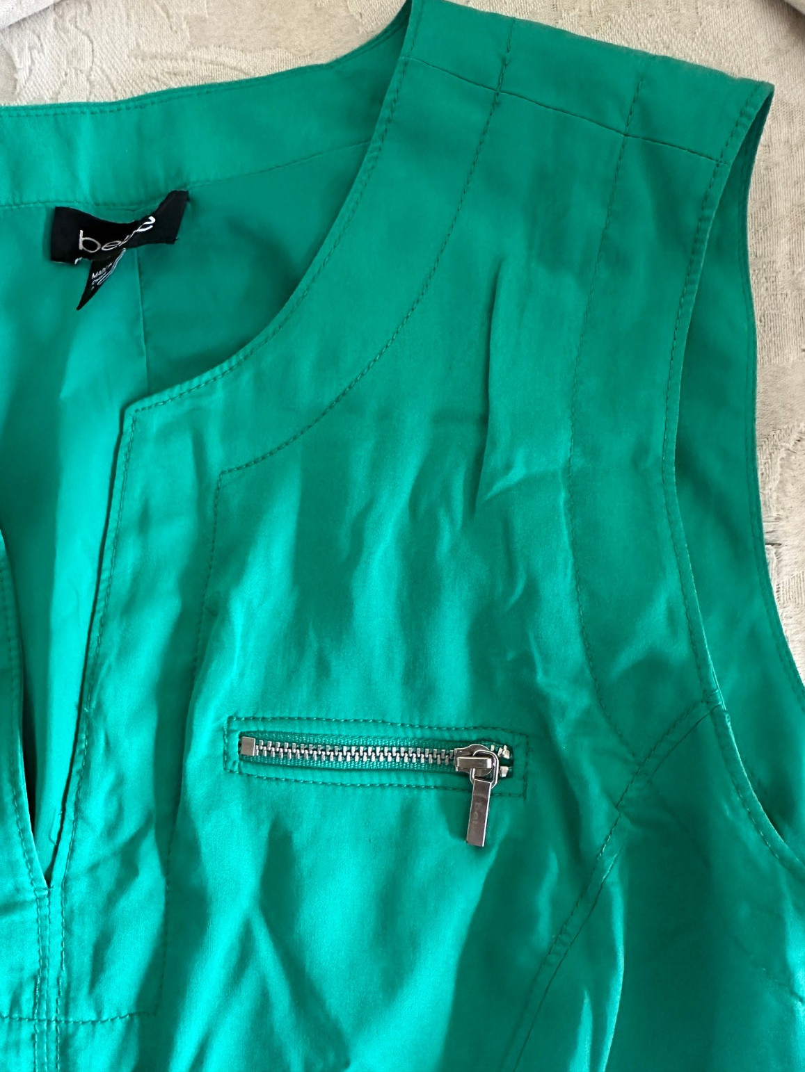 Bebe Deep Green Shift Mini Dress with Zip Chest Pockets Size 12
