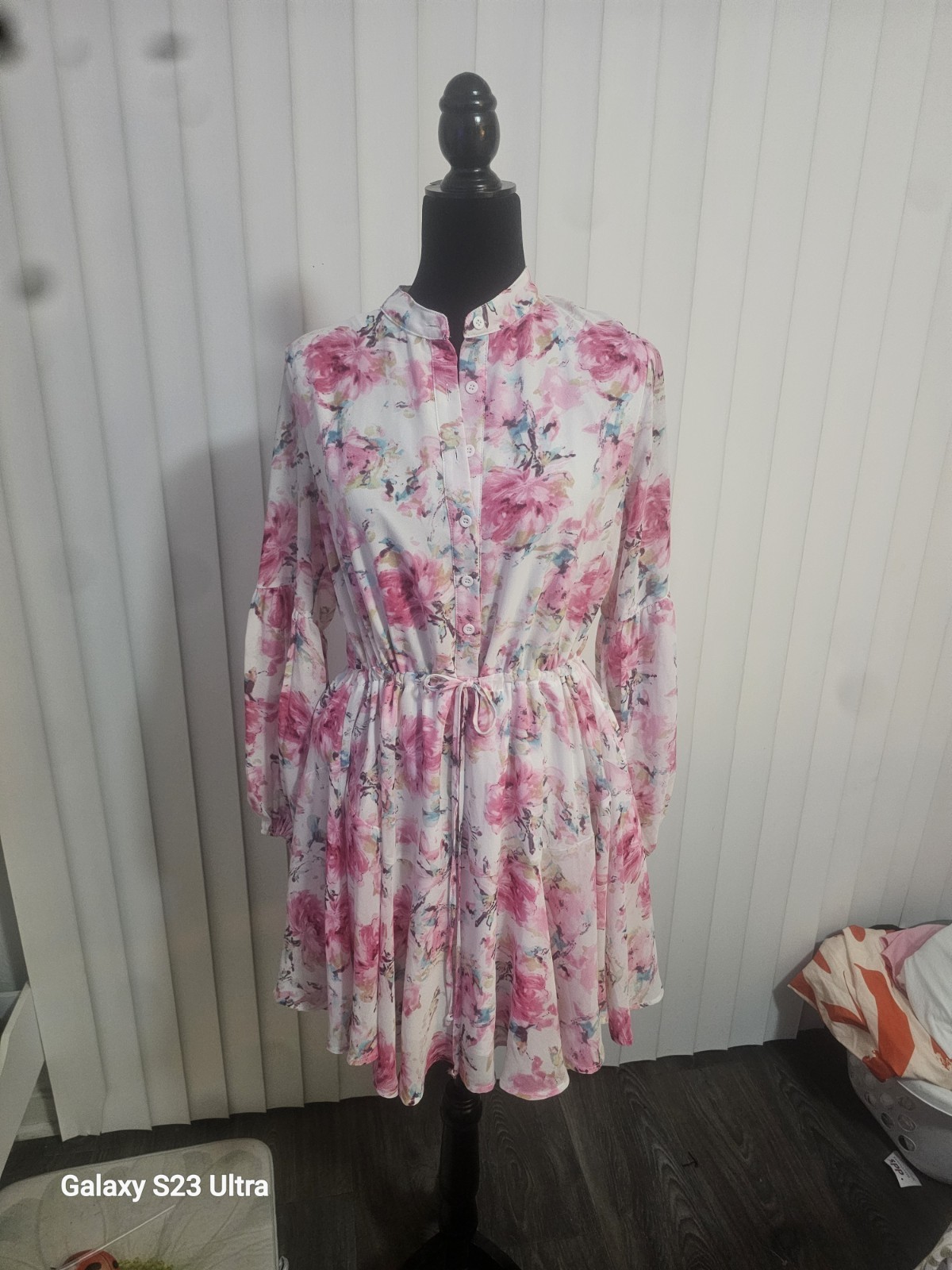AlvaQ Pink White Floral Collared Button Front Drawstring Mini Dress L