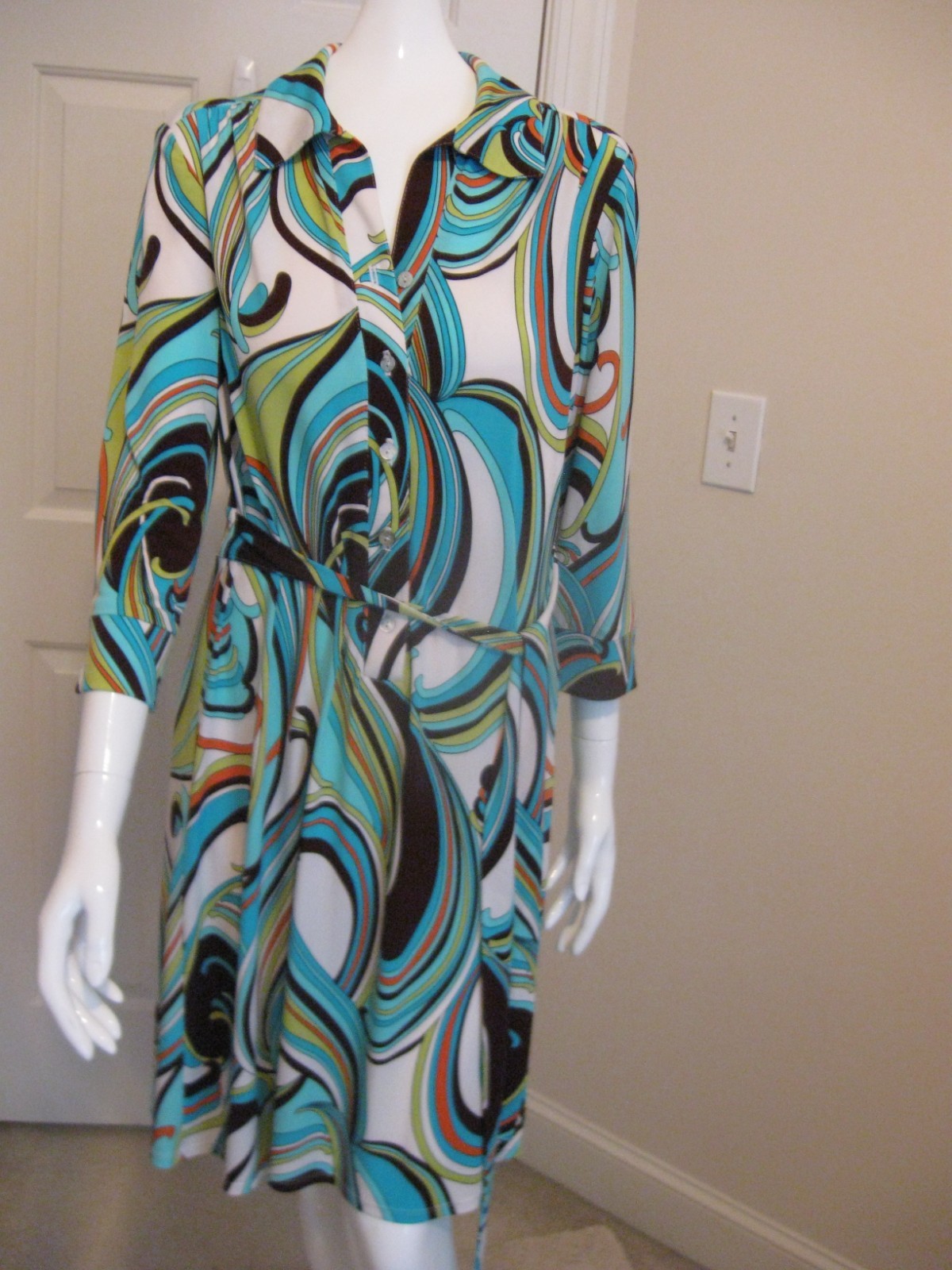 Tiana B. multi color 3/4 sleeve belted collar dress Size L 10-12 USA