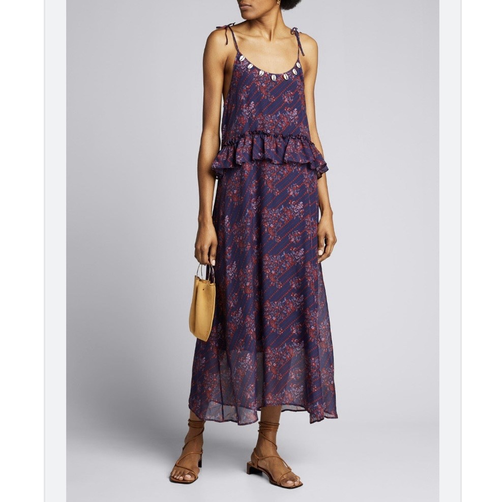 Figue Alina Paisley Silk Cowrie Shell Ruffle Maxi Dress S Boho Resort Luxury