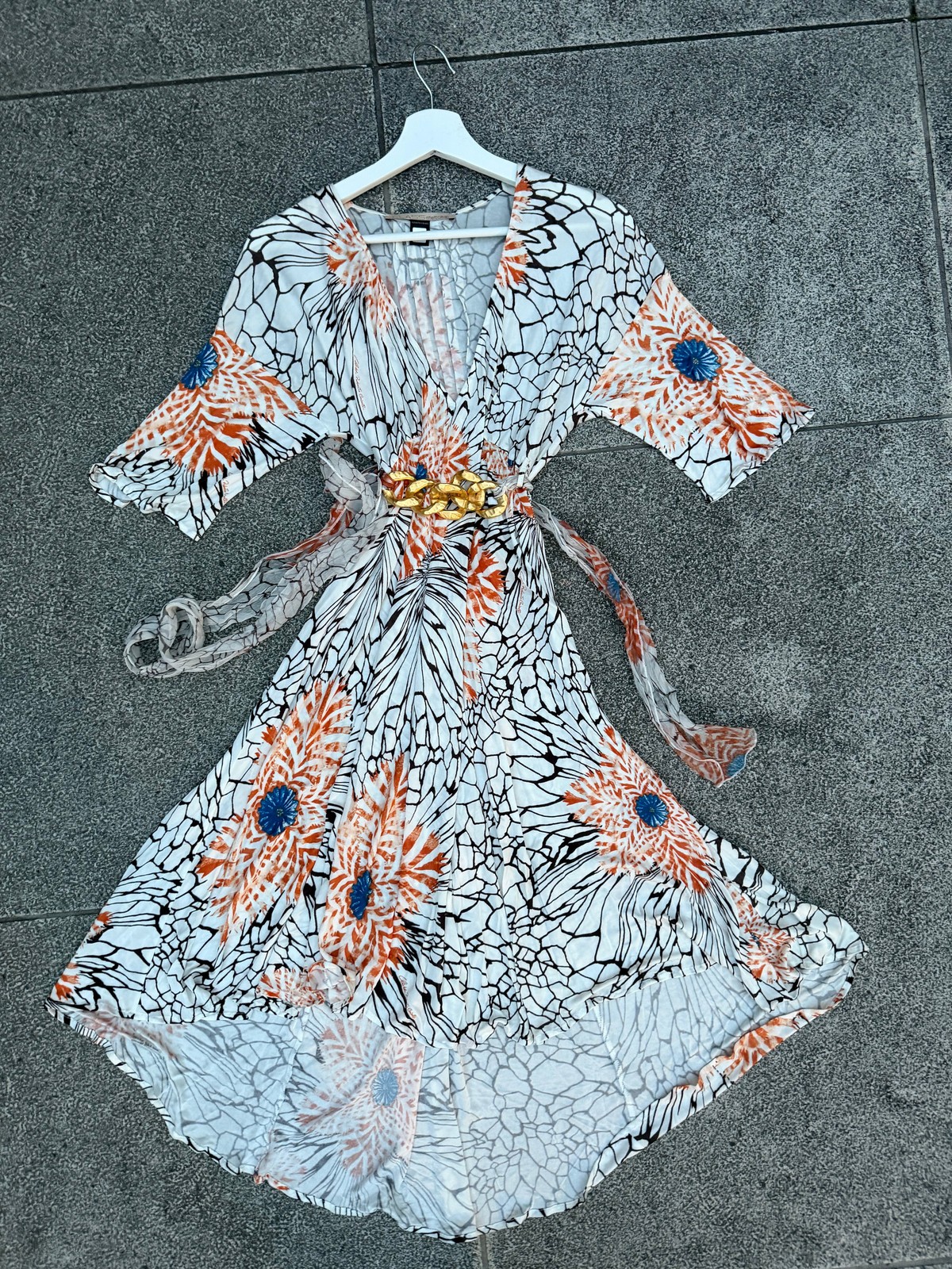 Roberto Cavalli Silk Floral Metal Belt Y2K Asymmetric Dress White Made in Italy