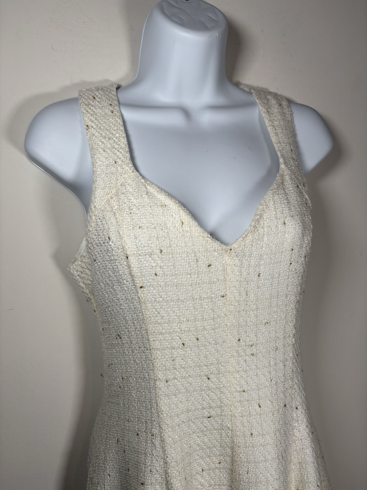 EVERLEIGH Tweed Cream Gold Sleeveless Dress Size Small Preppy Classic Academia