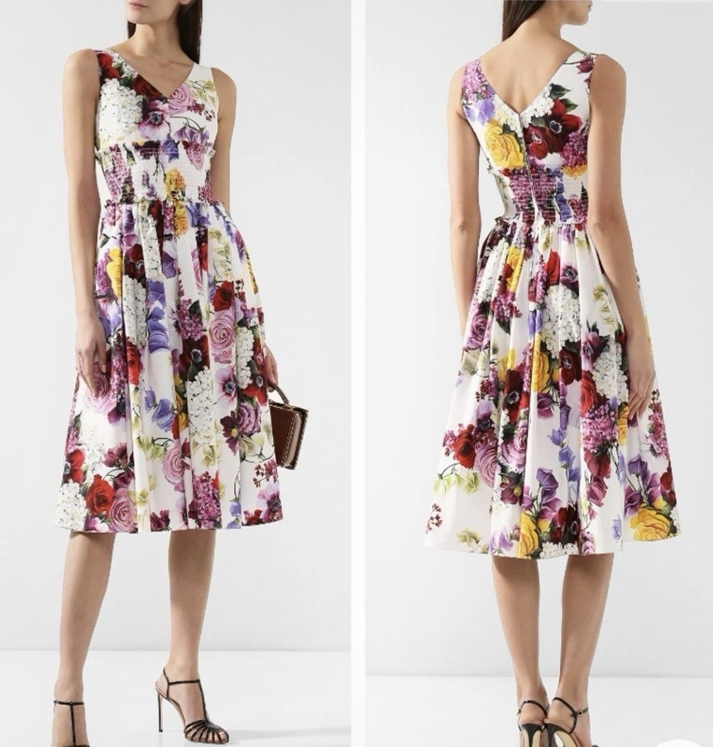 Dolce & Gabbana Floral Print Cotton White Flared Midi Dress Size EU 42 US 6 AU10