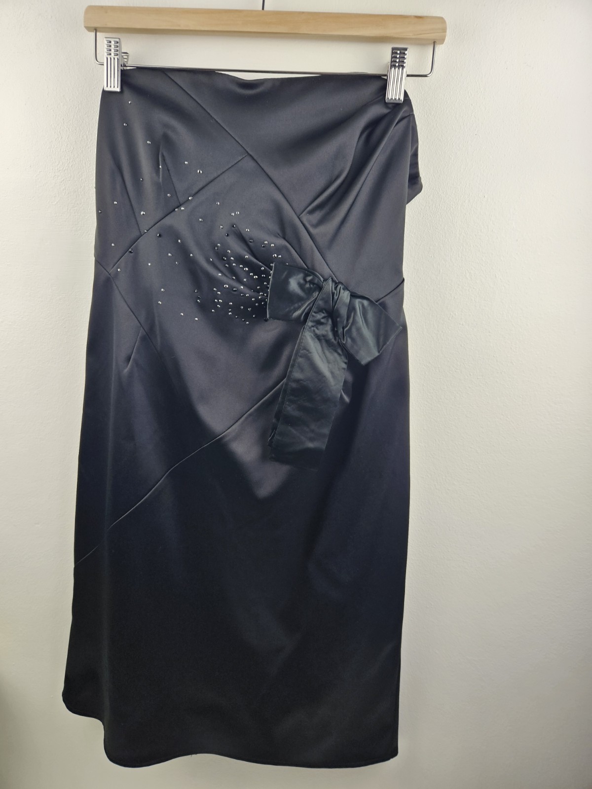 Black Strapless Dress Mini Beaded Diamante Embellished Satin Bow Party