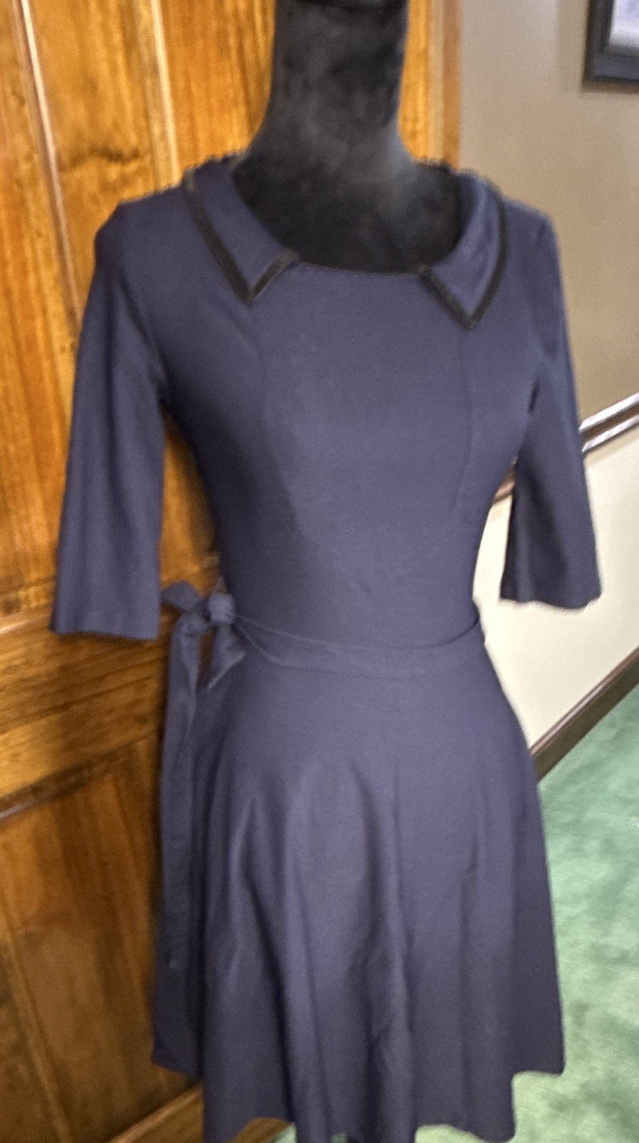 MIUSOL Women’s S Navy Solid Fit & Flare Collared 3/4 Sleeve Knee Stretch Zip