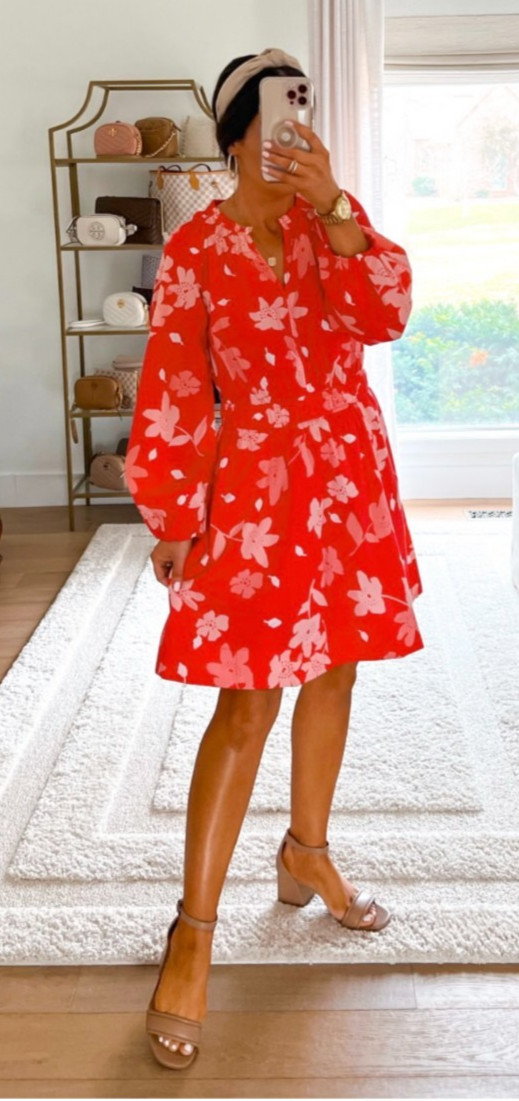 FREE ASSEMBLY Pink Floral Gathered Waist Smocked Detail Long Sleeve Dress Sz XL