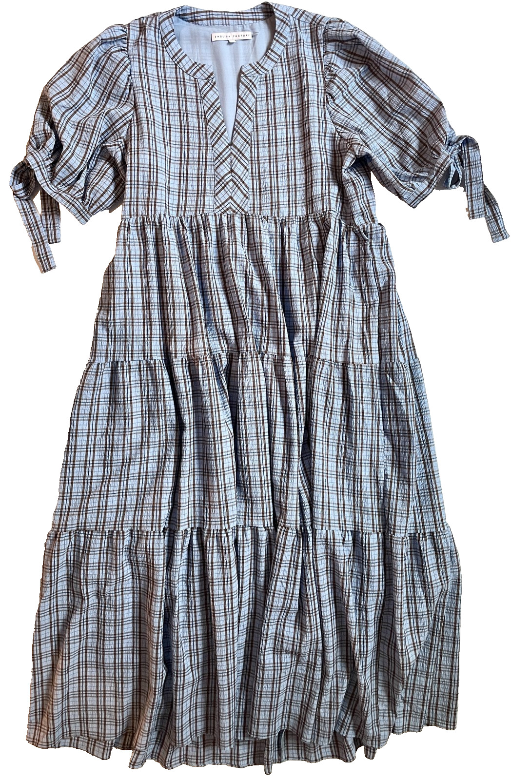 English Factory Blue Plaid Tiered Maxi Dress Puff Sleeve Tie Cuff Split V-Neck L