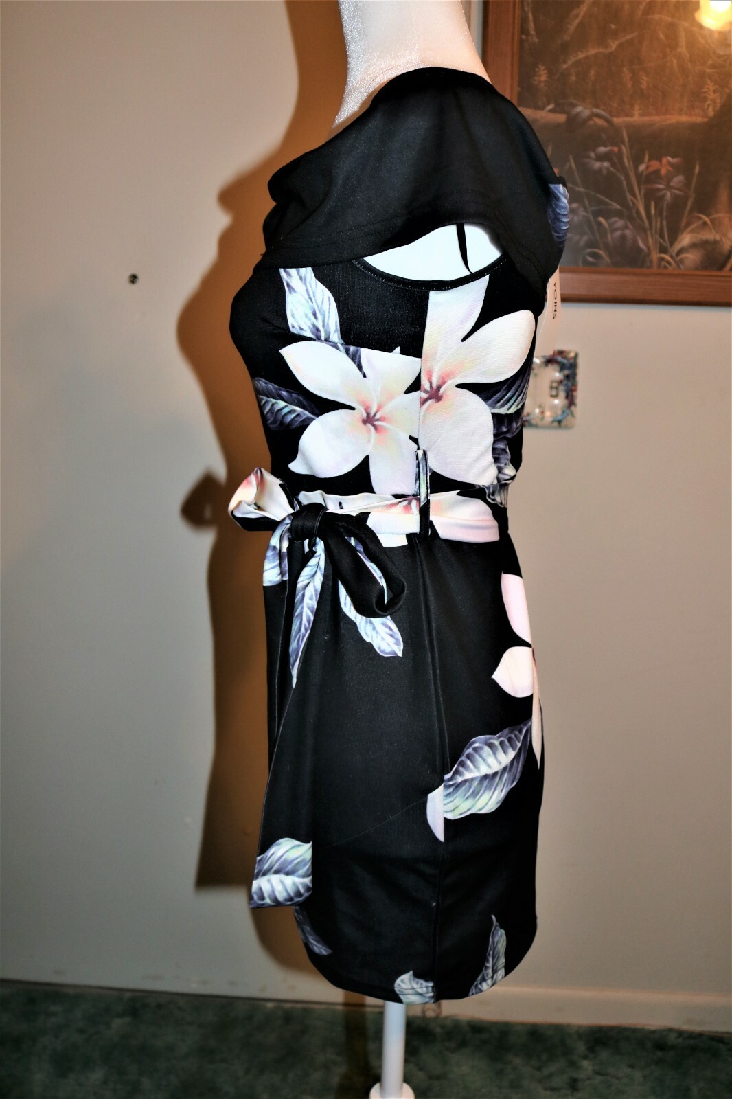 YOINS Black Random Floral Print Off The Shoulder Overlay Bodycon Dress Small 