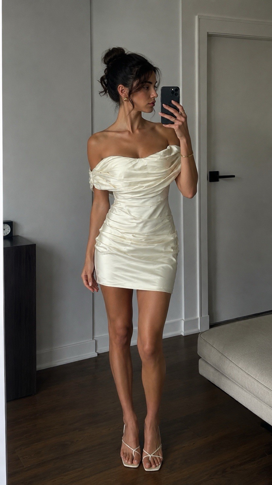 LPA Off Shoulder Ruched Satin Mini Bodycon Dress Ivory Women’s Size M
