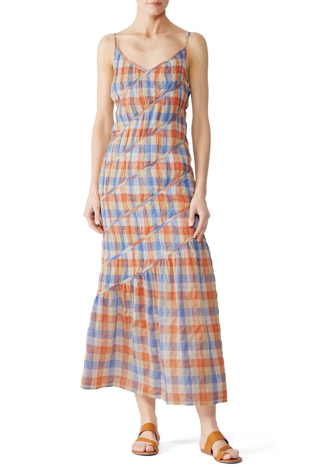Rejina Pyo Maria checked crinkled cotton-blend maxi slip dress size UK 8 US 4 S