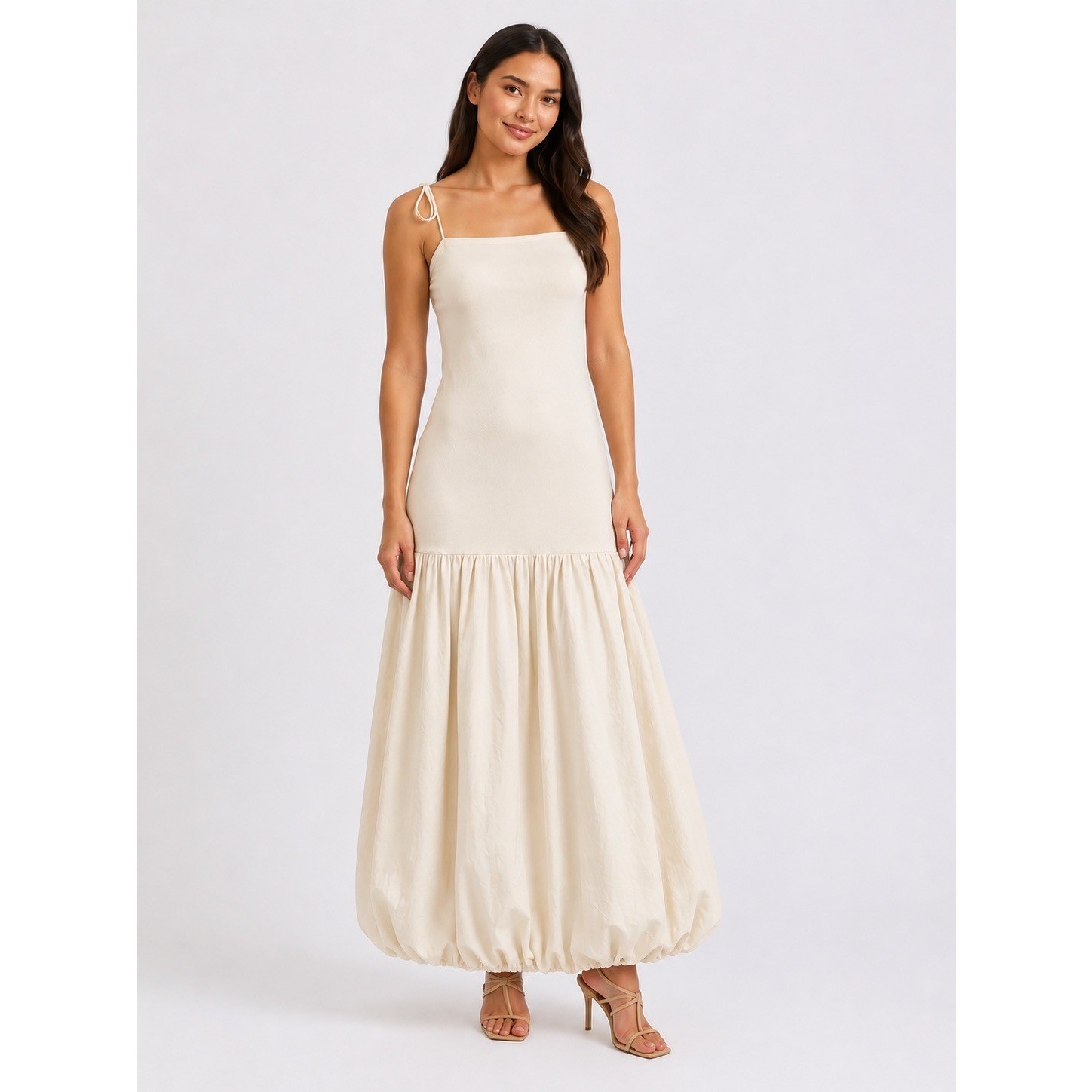 Illa Illa Cream Drop Waist Bubble Hem Maxi Dress Size Large Tie Strap Ribbed