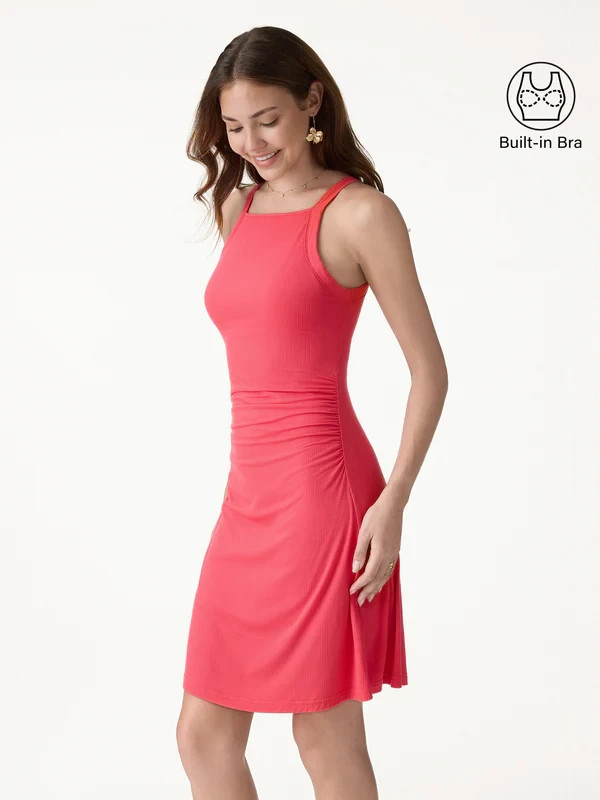 Oglmove CoolTouch Square Neck Ruched Mini Bra Dress – Teaberry Red