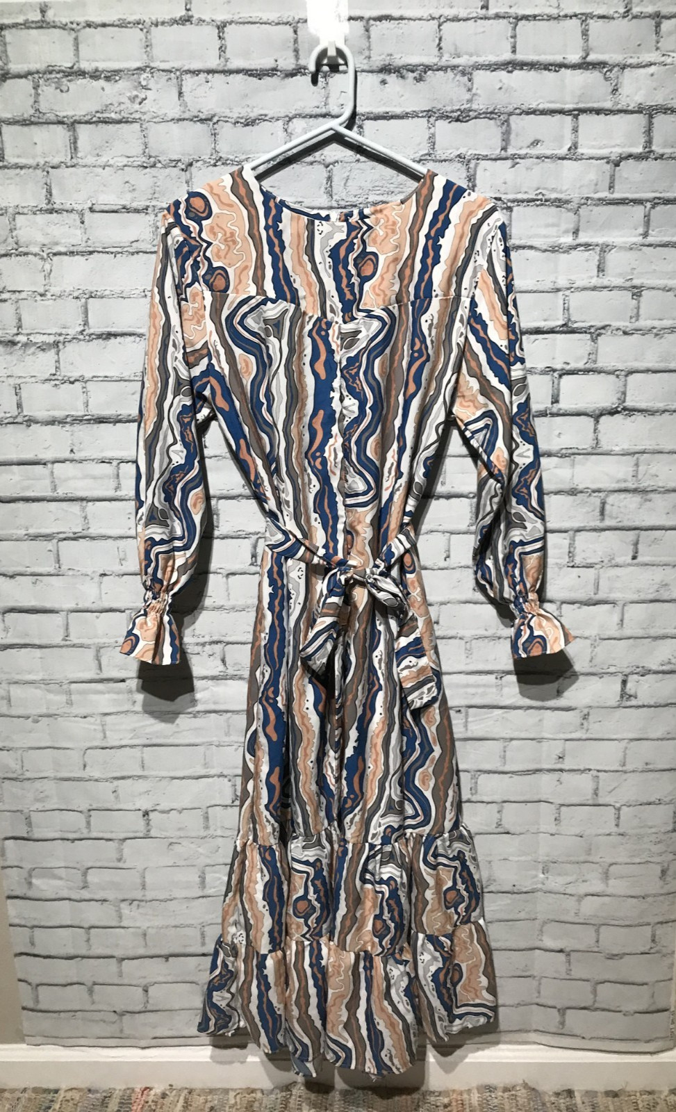 Petty Dress, L, Long Sleeve Thin Stain Abstract Print Zip/Belted/Pocket Dress