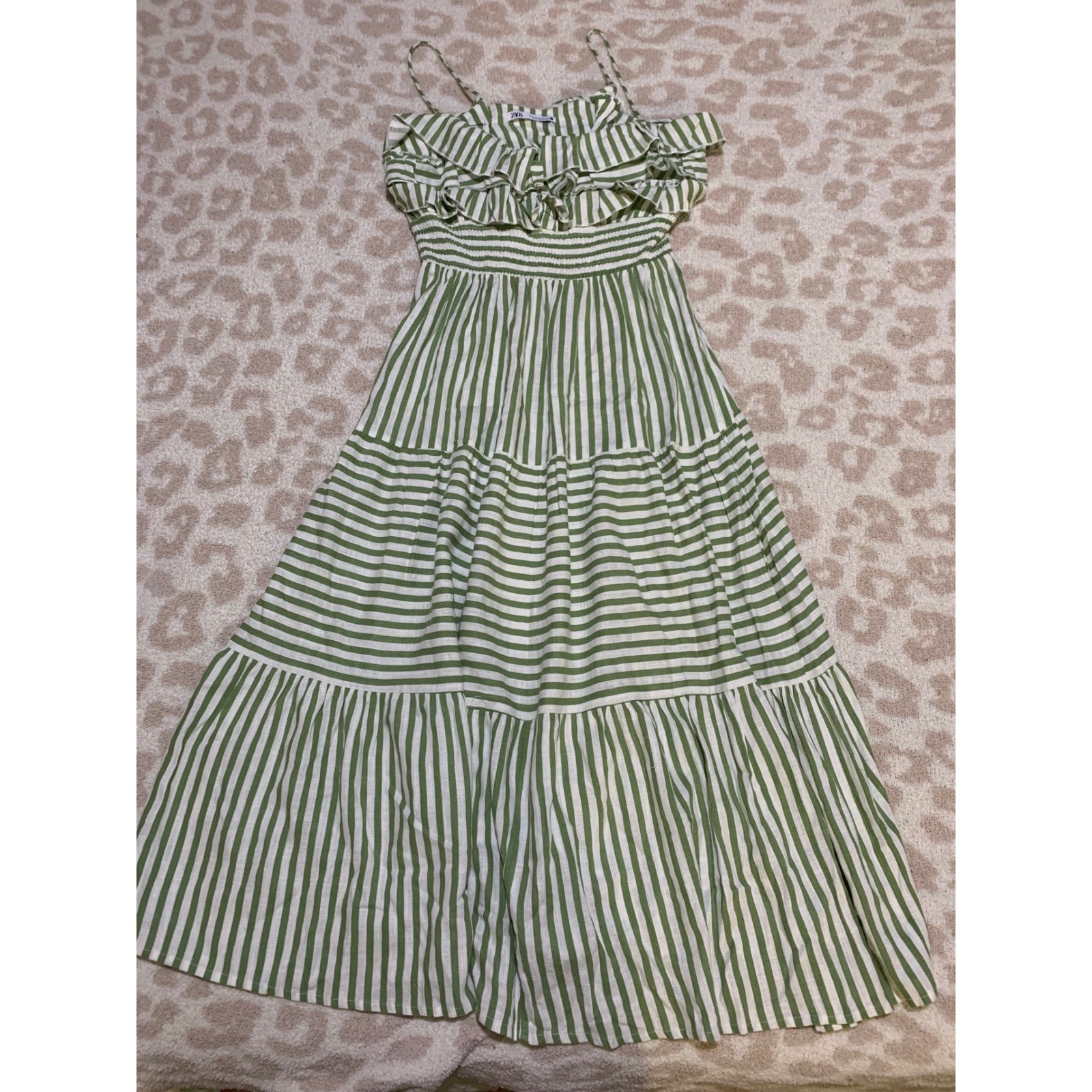 Zara Striped Ruffle Maxi Dress Green White Smocked Tiered Medium
