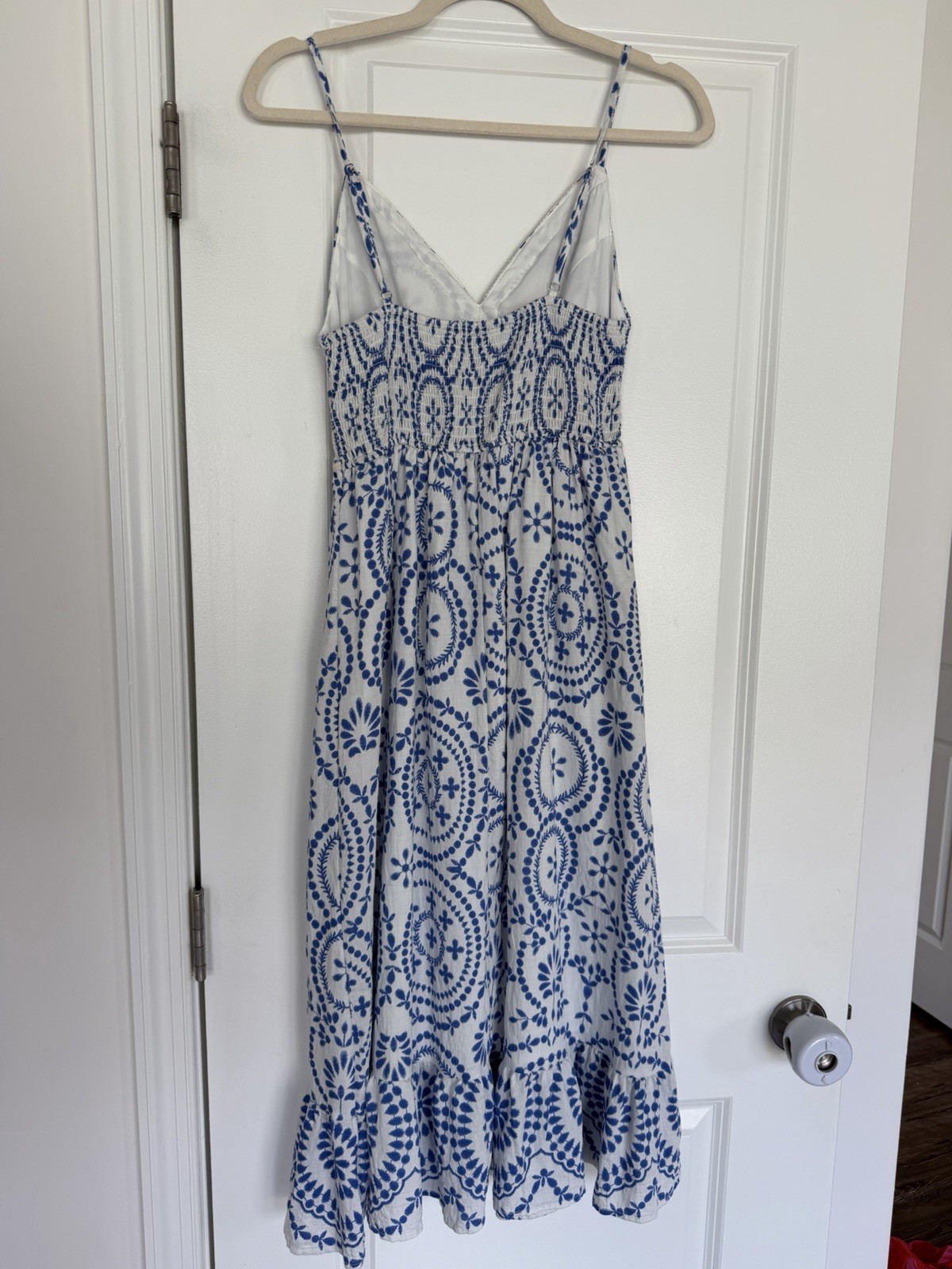 Blue White Floral V-Neck Spaghetti Strap Midi Sundress S Adjustable Tassel
