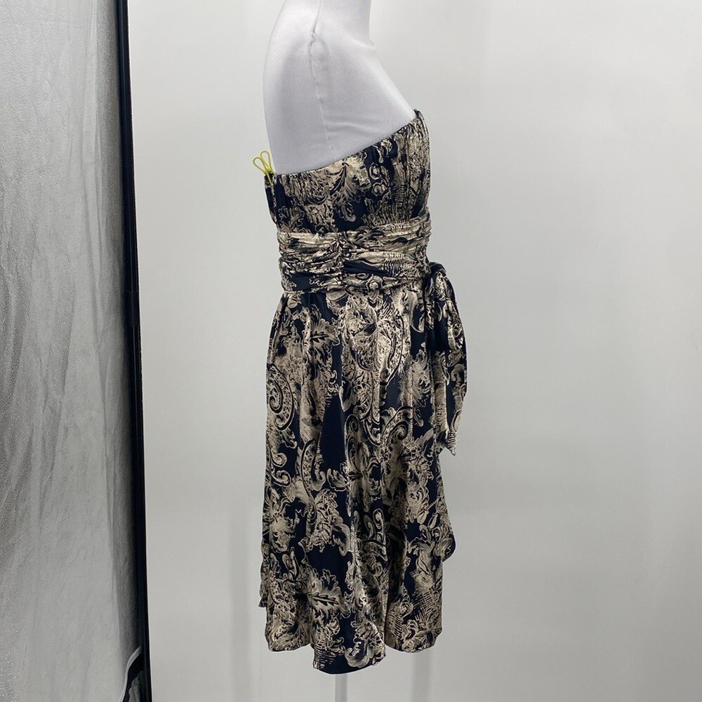Y2K BCBGMaxAzria Silk Dress Size 8 Navy Blue Tan Strapless Bubble Hem Fairy Vtg