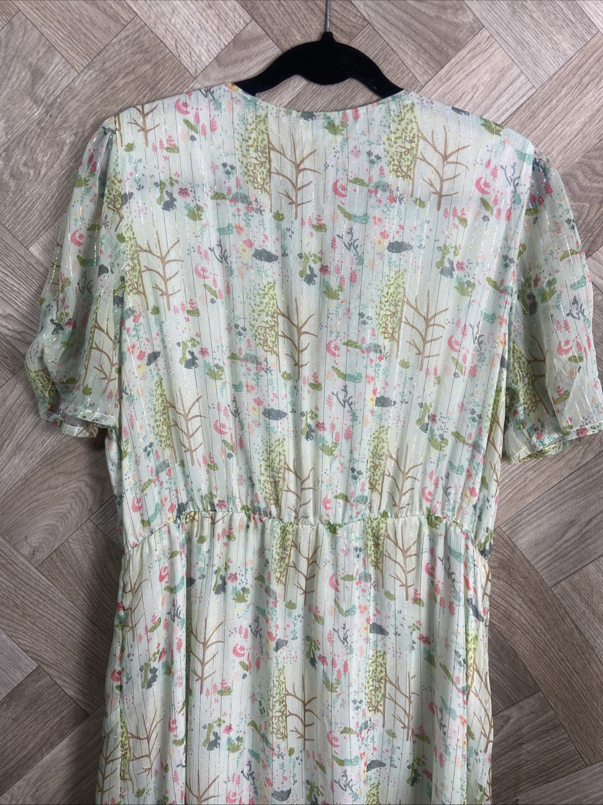 Oliver Bonas Sheer Floaty Leaf Print Midi Dress Ruffle Metallic Detail Size 16