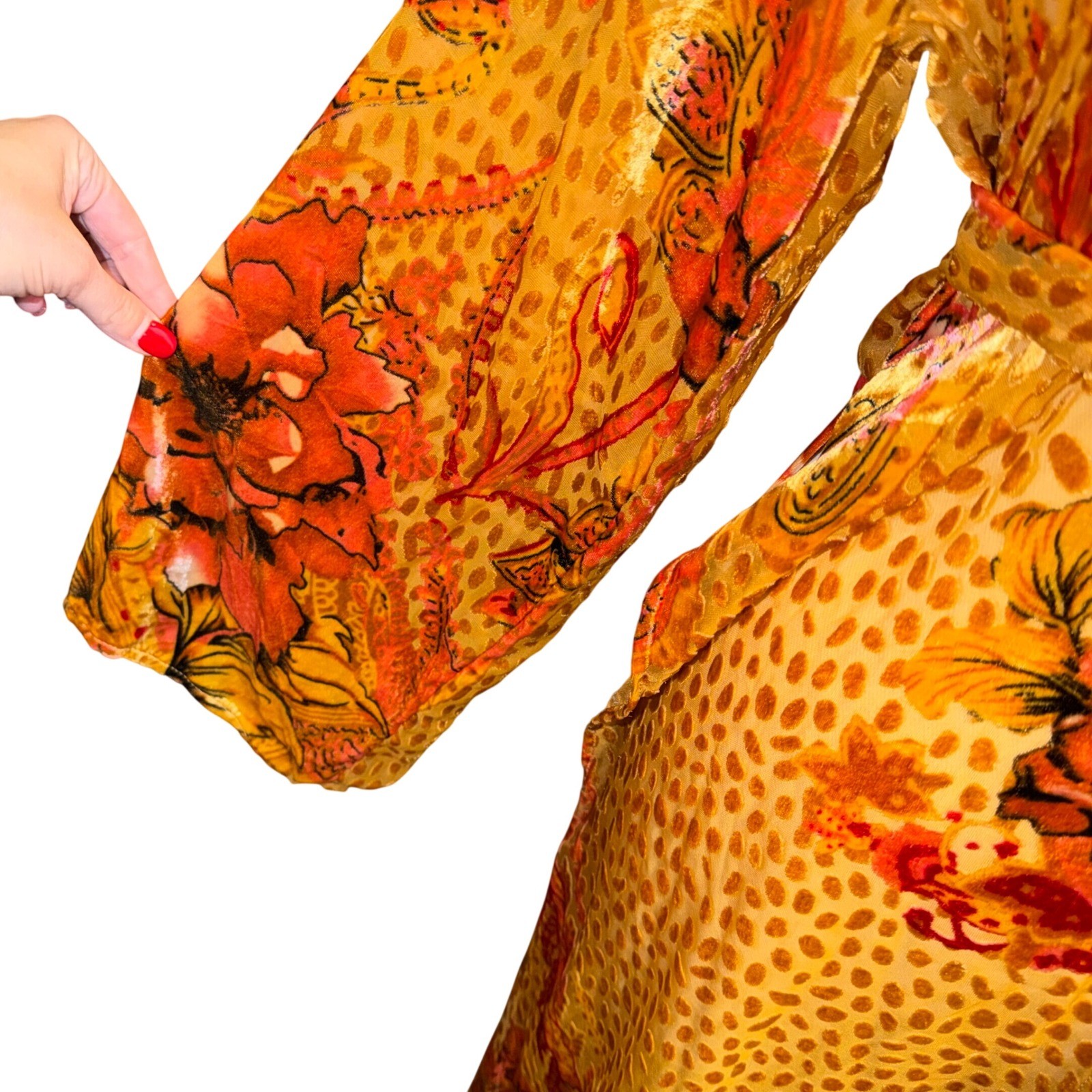 Nostalgia Devore Burnout Velvet Boho Dress Orange Floral Whimsigoth Retro 70s M