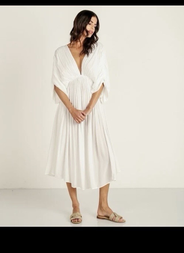 Inda Amerta Gathered Midi Dress in Bone XS Angelic Greek Goddess Empire Waist