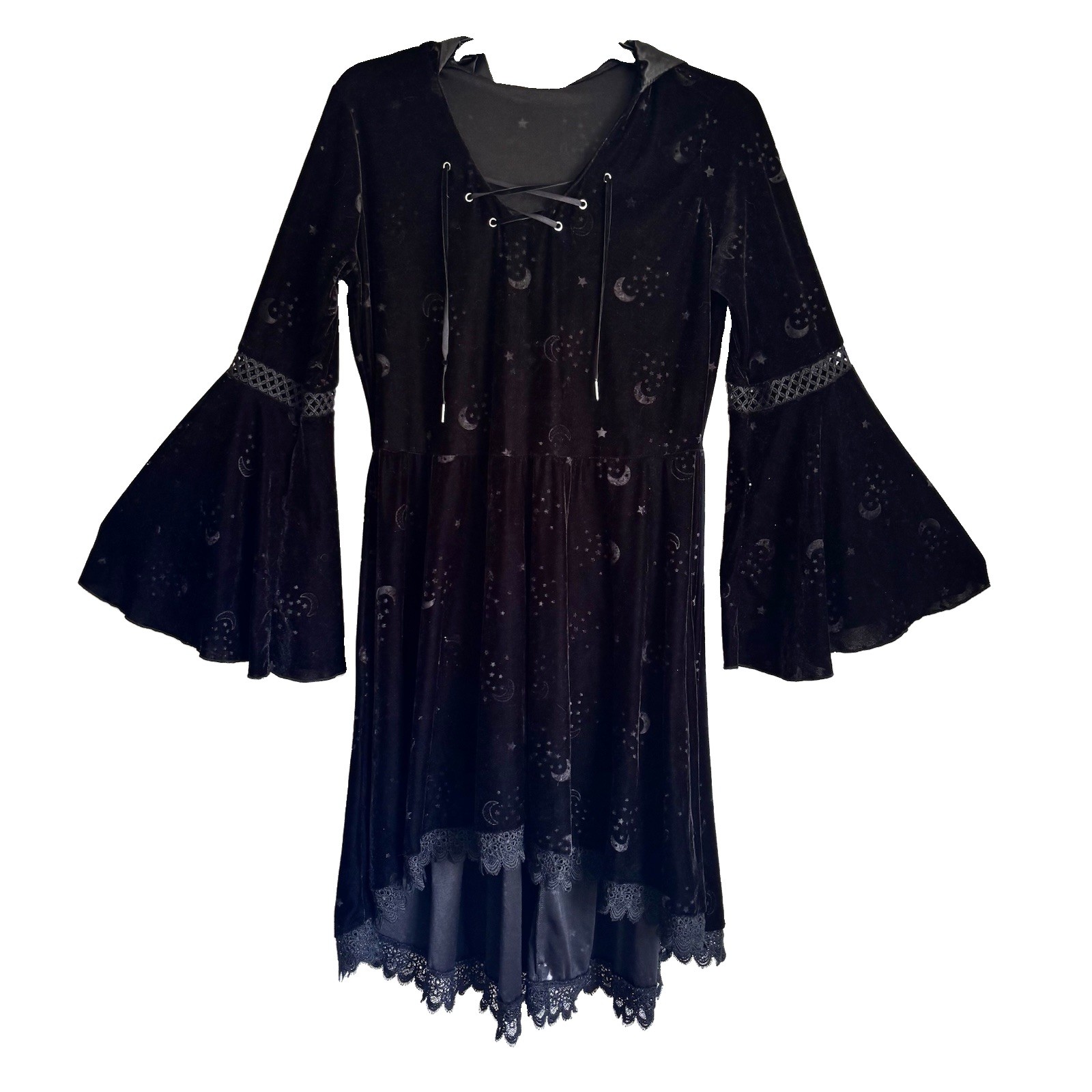 Whimsigoth Dress Velvet Hooded Bell Sleeve Coven Witchy Celestial Black Size XL