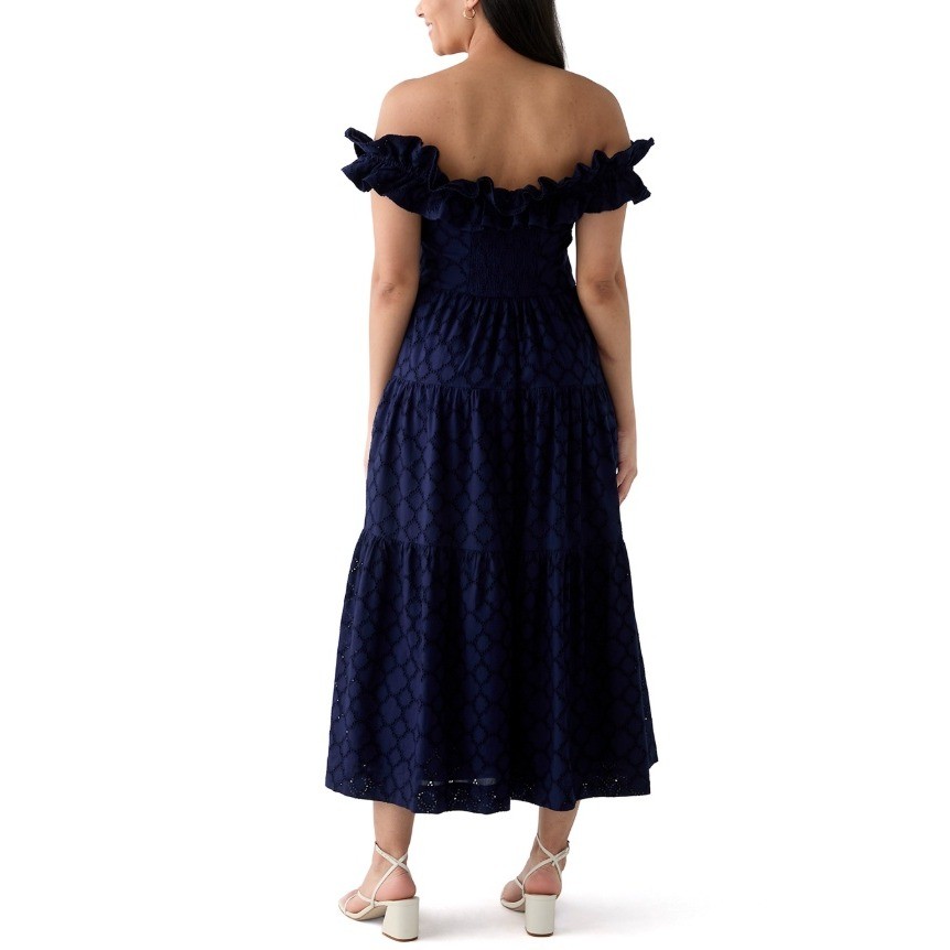 Crown & Ivy NWT Off Shoulder Navy Blue Eyelet Ruffle Tiered Midi Dress Large