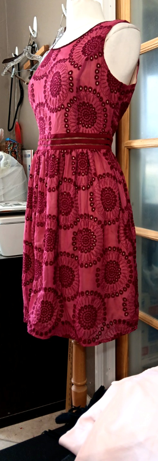 RYU Dress Fit Flare Crochet Cutout Lined Wine Boho Cottage Festival Sz L Knee