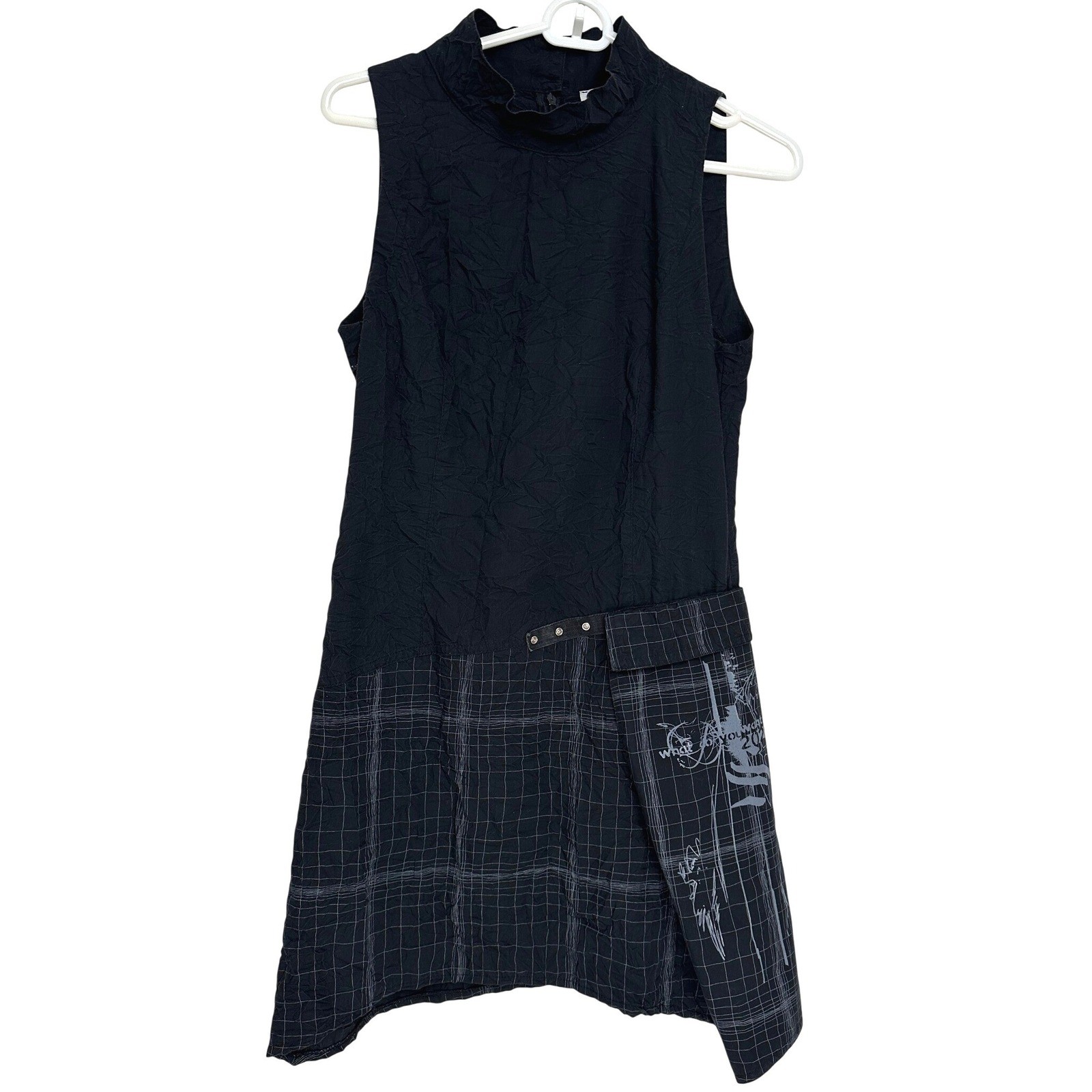 2026 Deux Mille Vingt Six Black Crinkle Plaid Graphic Mock Neck Dress Size S