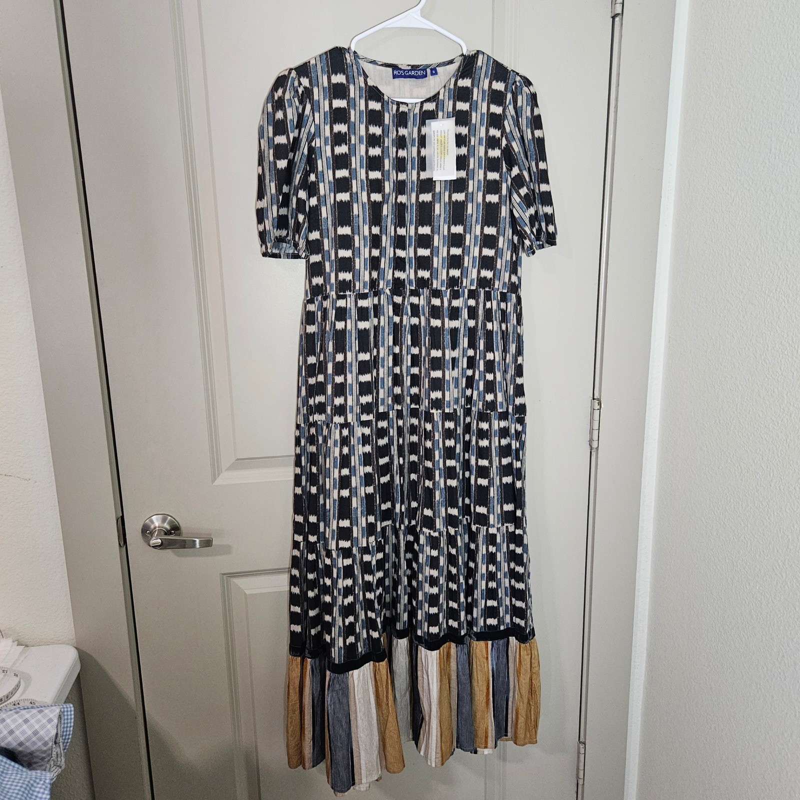 $220 NEW Ro’s Garden Dress Manuel Blue Cotton Ikat Tiered Maxi Dress Womens Sz S