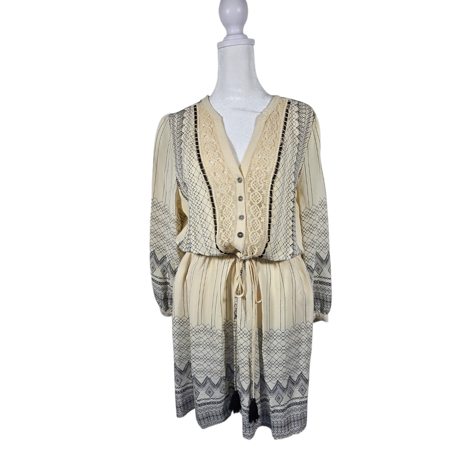 Anthropologie Floreat Perrie Peasant Dress Ivory Black Crochet Size 10 Boho